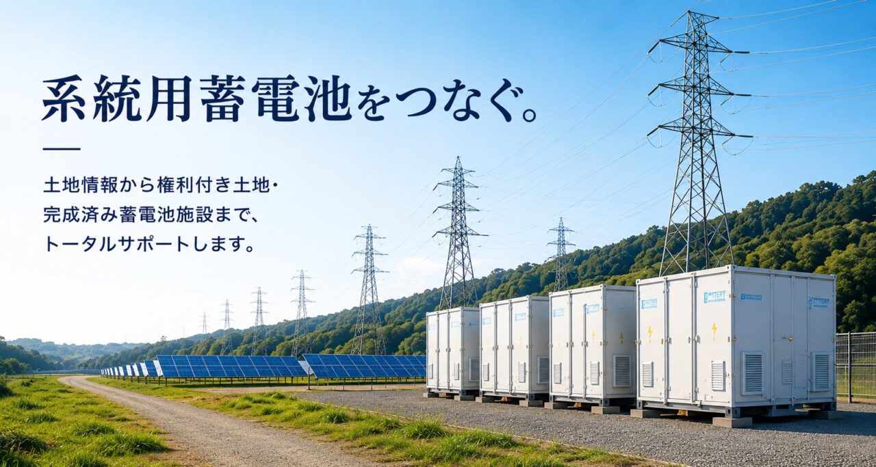 系統用蓄電池をつなぐ。土地情報から権利付き土地・完成済み蓄電池施設まで、トータルサポートします。